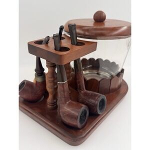 Humidor Glass Tobacco Jar w/Wood Lid & 4 Pipe Stand & 4 Pipes Fairfax Vintage